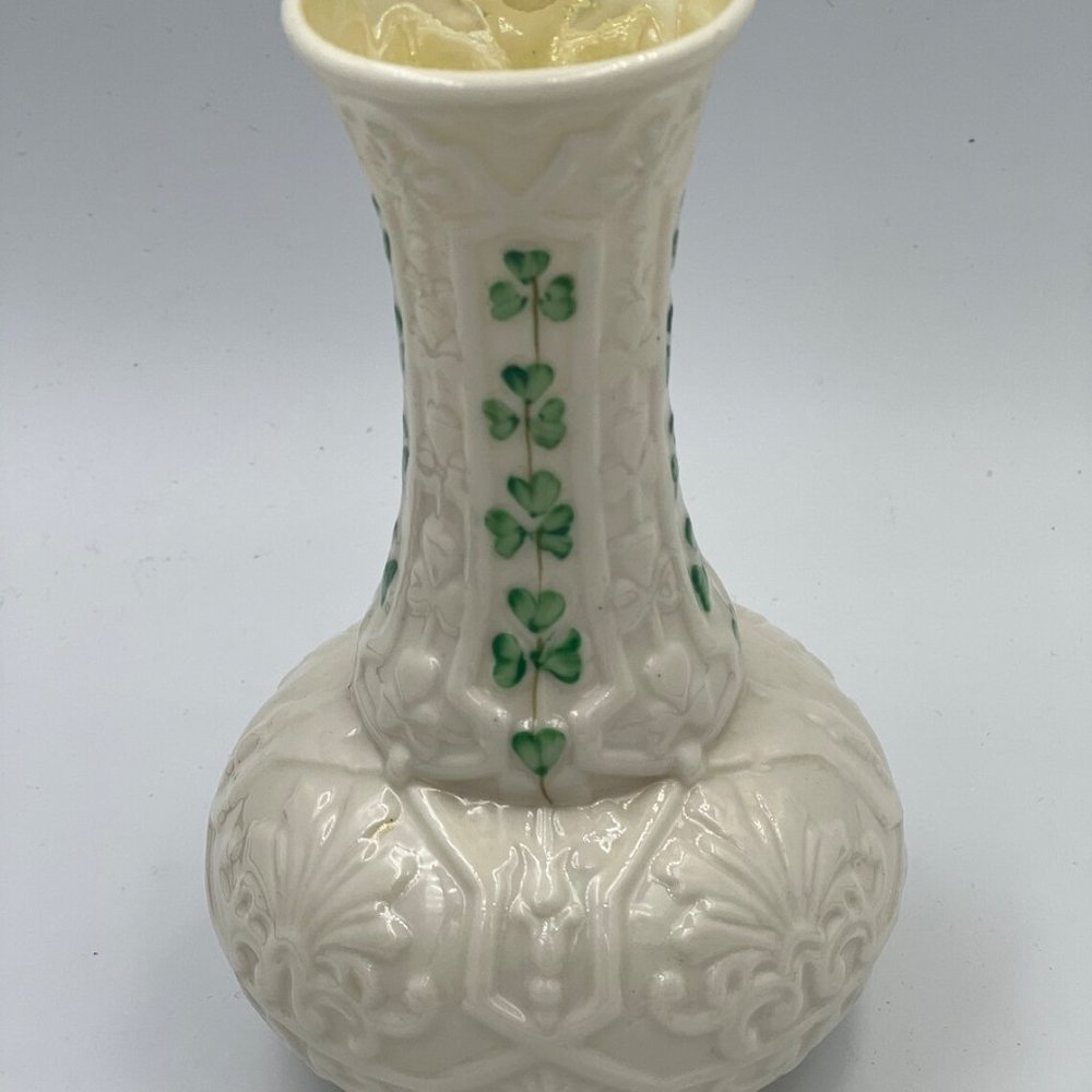 Irish Belleek Third Black Mark Shamrock pattern Onion shaped flower spill vase